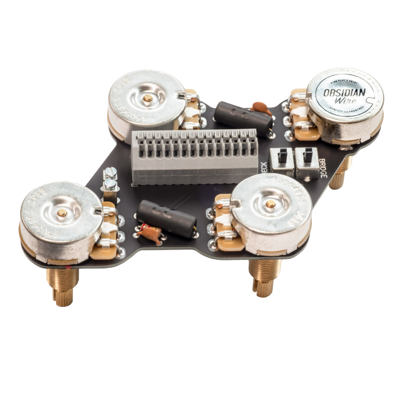A black ObsidianWire Solderless Les Paul MKII wiring harness with silver knobs and connectors, designed for vintage and modern wiring configurations.
