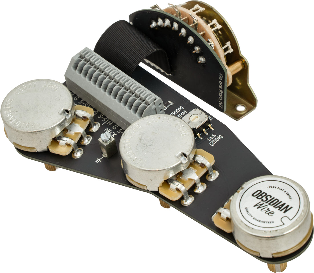 ObsidianWire Left Handed Blender G2 Wiring Harness for Stratocaster Guitars, on a white background