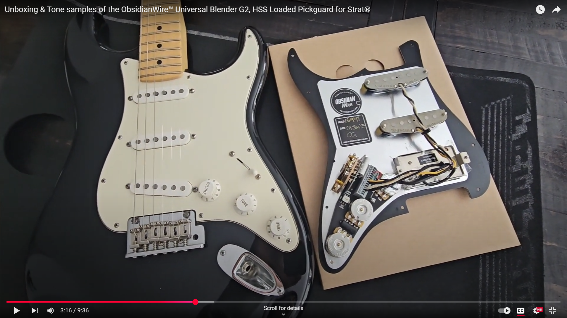 Load video: Unboxing of the ObsidianWire Custom HSS Loaded Pickguard for Stratocaster