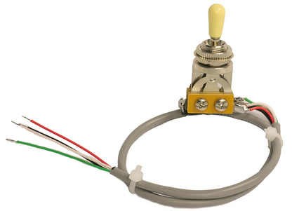 Prewired 3 way chrome toggle switch with a cream tip for Les Paul showing 4 conductor shielded wire