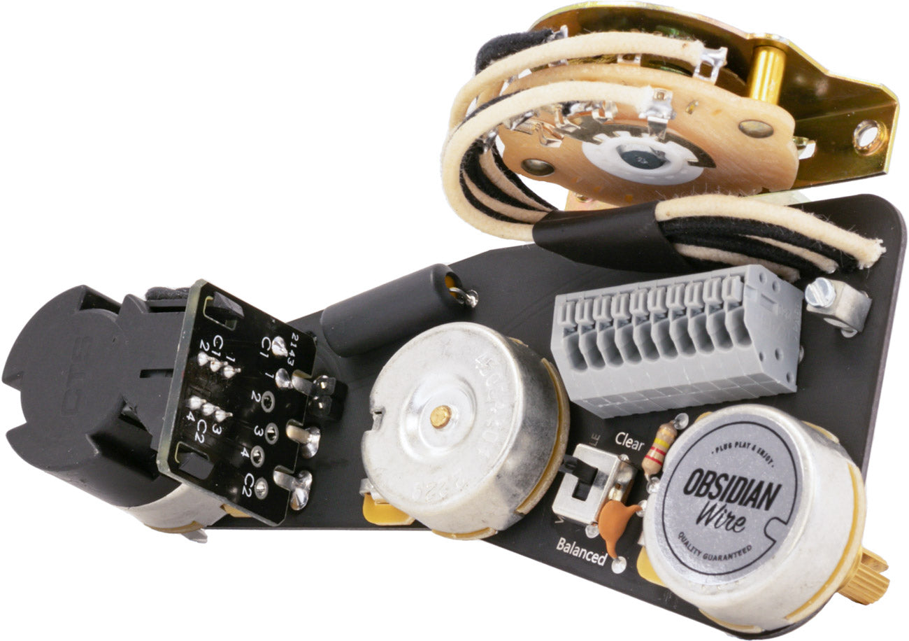 The ObsidianWire 7 Way // Gilmour Wiring Harness for Stratocaster Gen 2 Model with adjustable volume control voice